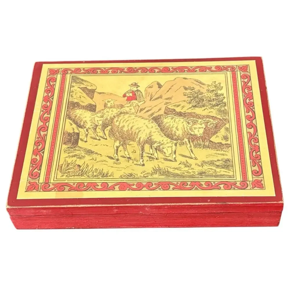German Folk Art Wooden Box Alpine Shepherd Sheep Putz Style Trinket Decor